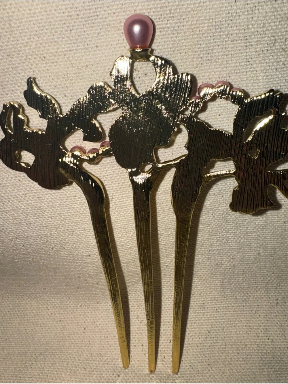Elegant Blue & Green Enamel & Faux Pink Pearls Floral Gold Tone Metal Hair Fork